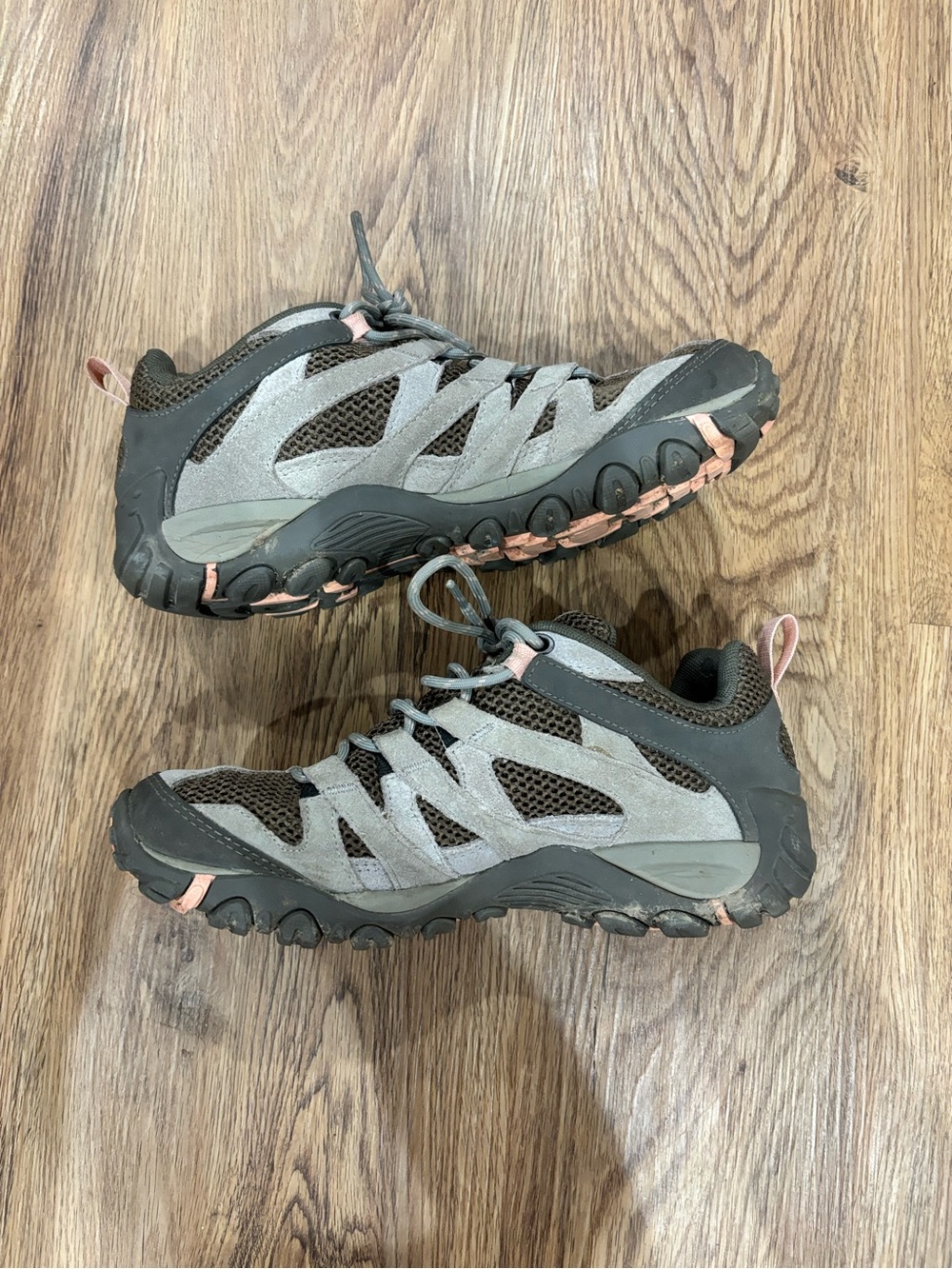 Merrill Trail Sneakers in Gray and Brown with Pink Accents